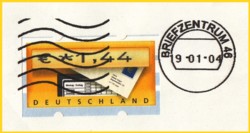Briefausschnitt eines Großbriefes mit 144 Cent ATM entwertet mit Tintenstahldruck mittels umgerüsteter Absenderfreistempelmaschine (Versuch im BZ 46)