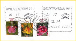 Briefausschnitt eines Großbriefes, kopfstehend entwertet am 16. Februar 2014 in Nürnberg mit dem Tintenstrahlmodul der Firma Solistic, die je nach Bedarf immer mal wieder eingesetzt wird