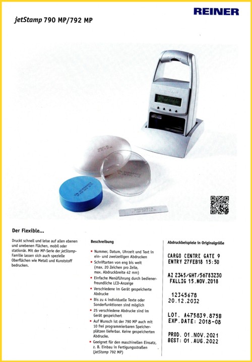 Tintenstrahl-Handdrucker Modell "jetStamp 790 MP" der Firma Reiner GmbH - Ausschnitt aus der Broschüre der Firma Reiner