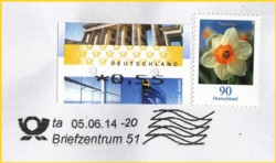 Briefausschnitt eines Großbriefes mit Versuchsstempel vom BZ 51 knapp daneben gestempelt vom 5. Juni 2014 mit Unterscheidungsbuchstaben "ta"