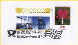 Briefausschnitt eines Großbriefes mit Versuchsstempel vom BZ 51 gestempelt vom 26. Februar 2014 mit Unterscheidungsbuchstaben "tb""