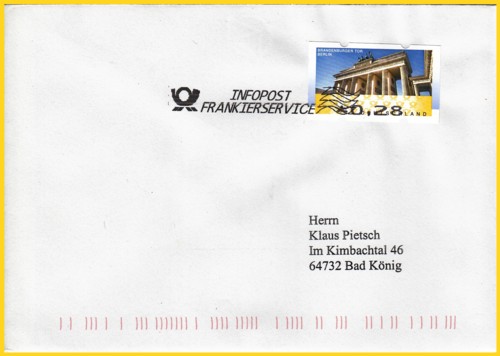 Infopostsendung vom Portoersttag 28 Cent (1. Juli 2014) mit Tintenstrahl-Handdrucker im Auftrag des Kunden vorausentwertet