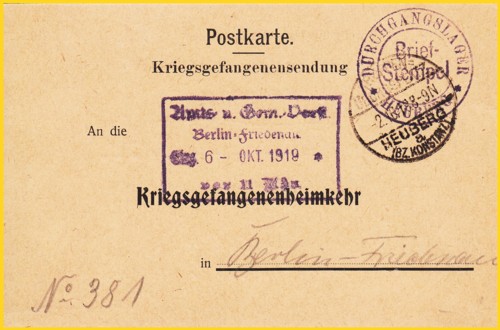 Anschriftenseite einer Postkarte vom Truppenübungsplatz Heuberg vom 2. Oktober 1919 nach Berlin mit einem Briefstempel "Durchgangslager Heuberg" Anschriftenseite einer Postkarte vom Truppenübungsplatz Heuberg vom 2. Oktober 1919 nach Berlin mit einem Briefstempel "Durchgangslager Heuberg"
