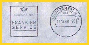 Eines der ersten Briefzentren mit den neuen Frankierserviceklischee noch vor dem offiziellen Start im Januar 1999