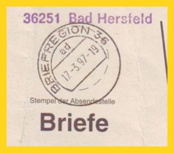 nicht alltäglicher Innendienststempel mit Briefregionsbezeichnung für die Stempelung von Beutelfahnen 