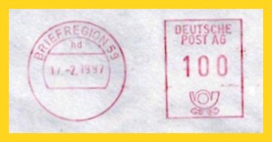 ein Postfreistempel mit Briefregion hier mit aktuellen Wertrahmen Deutsche Post AG und Posthorn