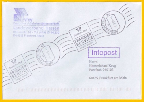 Die Versuchsphase mit Handrollstempeln für den Frankierservice in ausgewählten Briefzentren - hier BZ 60 aus der Versuchszeit