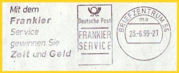 Aus der Versuchszeit vom BZ 56 zur Einführung von Stempelköpfen für den Frankierservice mit Posteigenwerbung für die großen Aufstell- und Stempelmaschinen von Siemens (AM 990/991) vormals AEG