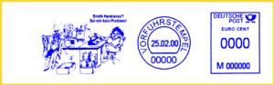 Vorführstempel der Firma Melex mit blauer Farbe von der CeBIT 2000