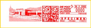 Vorführstempel der Firma Frama bei der CeBIT 2000 mit 2-D-Barcode