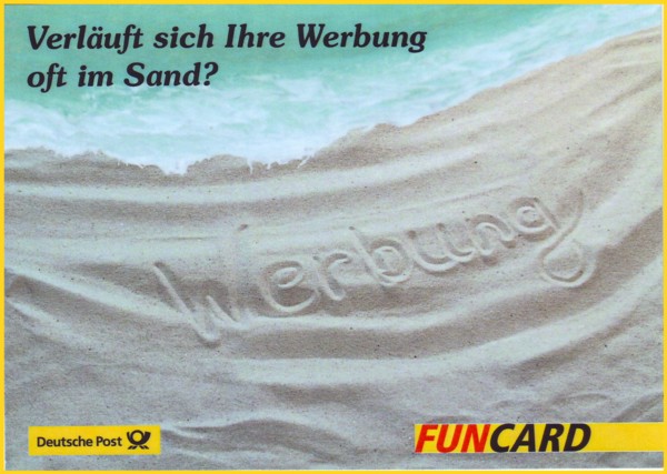 Die Bildseite von FunCard mit Postwerbung für die neuen Produkte FunCard Mailing und FunCard Sponsoring - verteilt auf der CeBIT 2000 auf dem Postmessestand