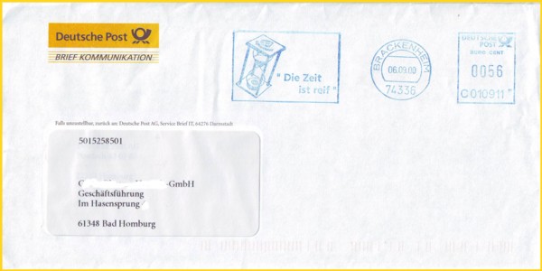 Werbeaktion der Deutschen Post durch einen Letterschop zur Umstellung der Frankiermaschine auf Euro mit einem der ersten Absenderfreistempel mit blauer Farbe aus den ersten Tagen nach dem Start hier vom 6. September 2000