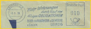 ein blauer Absenderfreistempel aus der späten Phase in der DDR im Jahr 1959