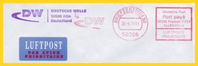 sehr seltener Postfreistempel mit Firmenwerbung nur für Auslandspost der Deutschen Welle vom Briefzentrum 50