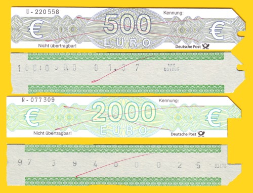 Wertekarte für Freistempler für 500 Euro und 2000 Euro benutzt auch mit Abbildung der Rückseite