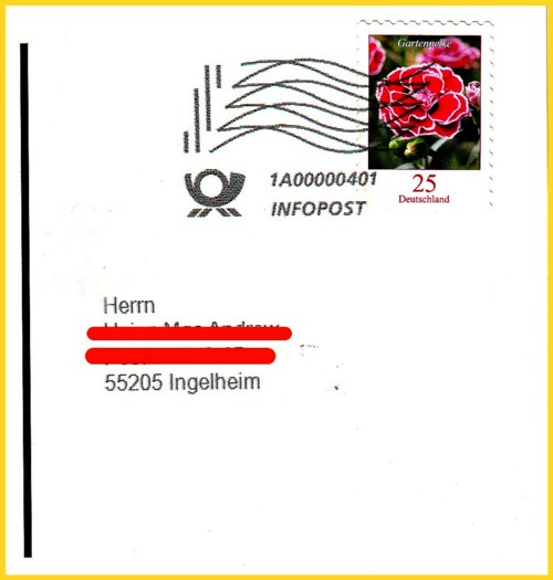Infopostsendung als Postkarte (Ausschnitt). Sowohl Marke als auch Adresse im selben Vorgang mittels Tintenstrahl entwertet und Adresse gedruckt (fluoreszierende Tinte) vom bisher einzigen bekannten Letterschop (Maschinenkennung 1A00000401) aus der sehr frühen Testphase (nur erkennbar am Inhalt der Karte) vom Herbst 2010
