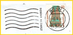 Masendrucksache 33 Pfennig SWK (Ausschnitt) entwertet mit nicht alltäglichem Stempelkopf aus 5300 Bonn 1 ohne Maschinenkennnummer und kein Einkreisstempel wie vorgeschrieben - Maschinentyp unbekannt