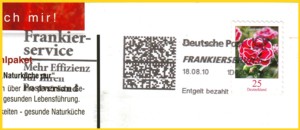 Infopostsendung 25 Cent Gartennelke (Ausschnitt) entwertet über die Post mittels Frankierservice mit einer Frankiermaschine Neopost IJ 85 FIT vom BZ 97, erkennbar an der Maschinennummer 1D050002A2