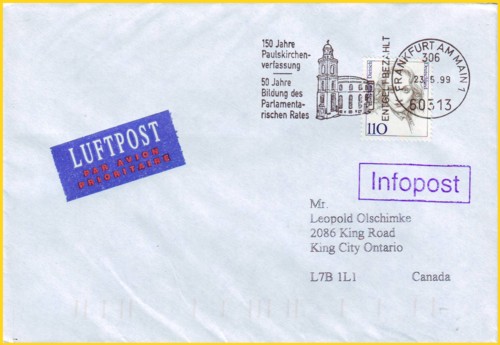 Portogerechte Infopostsendung 1,10 DM ins Ausland mittels Absenderstempelung entwertet mit der Absenderstempelmaschine des AFBV mit falscher Maschinennummer 306. Hier handelt es sich um eine Francotyp Postalia Maschine D2, auch als Bügeleisen bekannt. Portozusammensetzung: Stückentgelt 0,60 DM und Kilopreis für exakt 20 Gramm 0,50 DM (Kilopreis für Luftpost Welt: 25,00 DM) = 1,10 DM