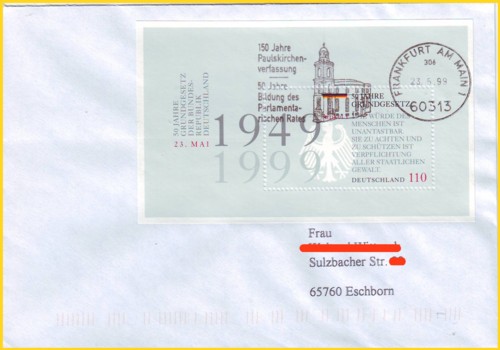 Absenderstempelmaschine des AFBV hier mit der Ausnahmegenehmigung für vollbezahlte Sendungen, daher ohne Entgelt Bezahlt Leiste mit Stempeldatum 23. Mai 1999 mit schönen Werbeklischee Paulskirche Frankfurt
