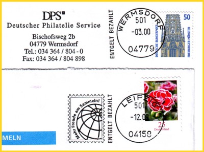 Zwei unterschiedliche Infopostsendungen (Ausschnitte), scheinbar gleiche Maschine, aber unterschiedliche Ortsangaben und Postleitzahlen, sehr sauberer Druck - Maschinentyp unbekannt