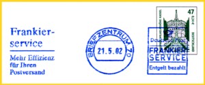 Absenderstempelung mittels Frankierservice vom Briefzentrum 70 - durchgeführt mit einer umgerüsteten Jetmail Absenderfreistempelmaschine (Tintenstrahldruck) die sowohl mit roter als auch mit blauer Farbe betrieben wurde