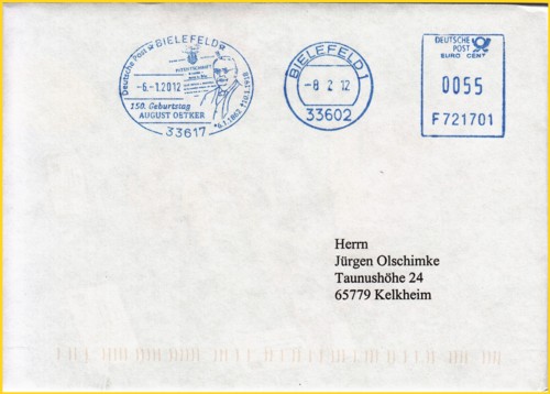 Brief mit Absenderfreistempel mit der Kennung F721701 der Firma Dr. August Oetker Nahrungsmittel KG mit sehr schönem Werbeteil in Form des Sonderstempels mit Post-Eigenwerbung hier vom 8. Februar 2012