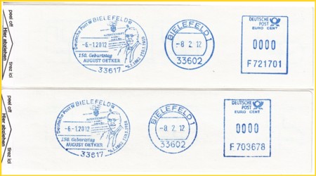 2 Musterabschläge zu einem sehr gelungenen Absenderfreistempel mit schöner Werbung in Form eines Sonderstempels