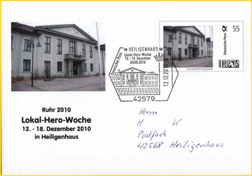 Plusbrief individuell mit dem Sonderstempel aus 42579 Heiligenhaus anlässlich der dortigen "Local-Hero-Woche" vom 12. bis 18. Dezember Ruhr 2010, echt gelaufen innerhalb des Ortes mit Kodierung