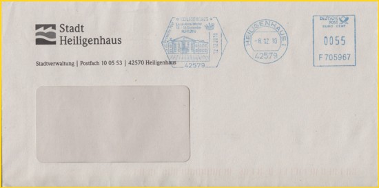 Brief der Stadt Heiligenhaus mit einen Absenderfreistempel mit gleichem Werbeteil wie der Sonderstempel zur Local-Hero-Woche 2010, hier einige Tage vorher vom 8. Dezember 2010