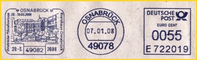 Absenderfreistempelausschnitt vom Landkreis Osnabrück mit sehr schöner Werbung in Form eines Sonderstempels im Werbeteil anlässlich der Osnabrücker Philatelistentage vom 28. März bis 30. März 2008