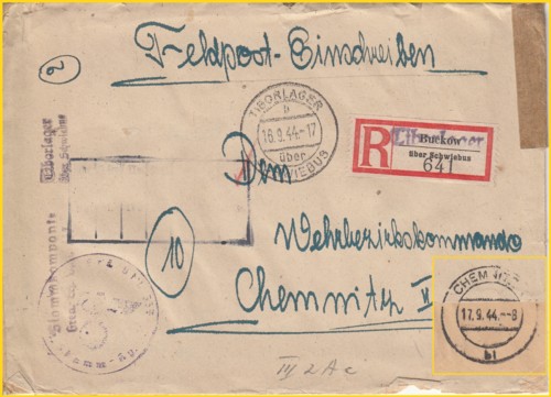 Ein Feldpost Einschreiben mit dem provisorischen R-Zettel Buckow über Schwiebus mit Buckow überstempelt mit "Tiborlager" wenige Monate vor Kriegsende