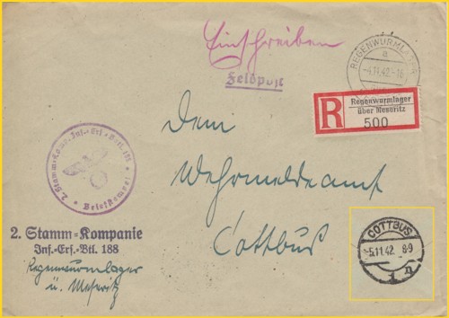 Einschreiben-Feldpostbrief hier mit der 1. Variante des R-Zettels vom 4. November 1942 mit einer Absenderangabe auf der Vorderseite