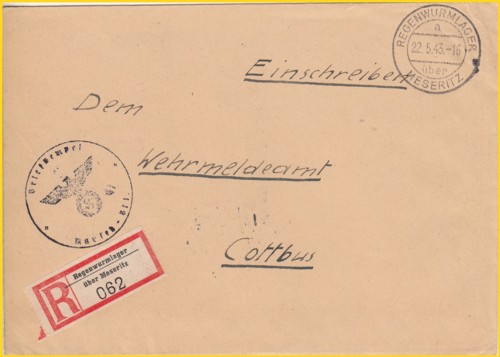 Einschreiben-Feldpostbrief hier mit der 2. Variante des R-Zettels vom 22. Mai 1943