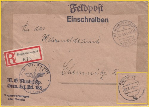 Einschreib-Feldpostbrief hier mit der 4. Variante des R-Zettels sowie mit dem Zweizeiler "Regenwurmlager über Meseritz" unter dem Dienststempel vom 23. März 1944