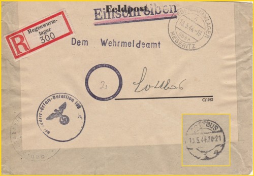 Einschreiben-Feldpostbrief vom 10. Mai 1944 mit der 5. bekannten Variante des R-Zettel in Form Zweizeiler "Regenwurmlager"