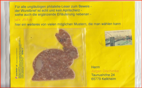 Wurstbrief extra für die philatelie-Leser mit dem schönen Motiv Osterhase, Einzelfrankatur 145 Cent Johann August Röbling, entwertet mit einen Tagesstempel von der Postagentur aus 91166 Rittersbach vom 17.4.07
