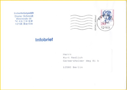 Infobrief Groß aus der ersten Gebührenperiode mit einer Einzelfrankatur 250 Pfennig Frauen mitels Absenderstempelung vorausentwertet am 9.9.1995 - Format C 5 - Vorlage Briefmarkenversand Klaus Pietsch Infobrief Groß aus der ersten Gebührenperiode mit einer Einzelfrankatur 250 Pfennig Frauen mitels Absenderstempelung vorausentwertet am 9.9.1995 - Format C 5 - Vorlage Briefmarkenversand Klaus Pietsch