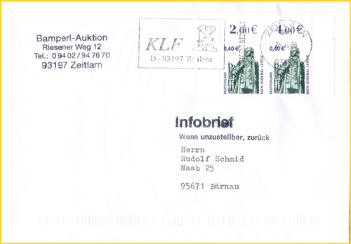 Infobrief Kompakt aus der 5. Gebührenperiode mit einer Doppelfrankatur SWK Bachdenkmal 40 Cent vorausentwertet am 29.11.2005 - Vorlage Briefmarkenversand Klaus Pietsch Infobrief Kompakt aus der 5. Gebührenperiode mit einer Doppelfrankatur SWK Bachdenkmal 40 Cent vorausentwertet am 29.11.2005 - Vorlage Briefmarkenversand Klaus Pietsch