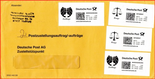 Ein Postzustellungsauftag mit zwei Postzustellungsanträgen als Inhalt - besonders interessant ist hier die Freimachung in Form von Internetmarken "Warensendung 1,65 Euro + Infobrief Maxi 1,80 Euro" ergibt zusammen 3,45 Euro für einen Postzustellungsauftrag, zwar ist die Internetmarke Infobrief hier zweckentfremdet eingesetzt worden, aber zumindest so lässt sich die höchste Portostufe indirekt belegen Ein Postzustellungsauftag mit zwei Postzustellungsanträgen als Inhalt - besonders interessant ist hier die Freimachung in Form von Internetmarken "Warensendung 1,65 Euro + Infobrief Maxi 1,80 Euro" ergibt zusammen 3,45 Euro für einen Postzustellungsauftrag, zwar ist die Internetmarke Infobrief hier zweckentfremdet eingesetzt worden, aber zumindest so lässt sich die höchste Portostufe indirekt belegen