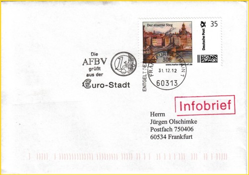 Ein Letzttagsbeleg Infobrief Standard bis 20 Gramm hier mittels Marke Individuell 35 Cent freigemacht und mittels Absenderstempelung 31.12.2012 vorausentwertet - eine nicht alltägliche Freimachungsvariante des Infobriefes Ein Letzttagsbeleg Infobrief Standard bis 20 Gramm hier mittels Marke Individuell 35 Cent freigemacht und mittels Absenderstempelung 31.12.2012 vorausentwertet - eine nicht alltägliche Freimachungsvariante des Infobriefes