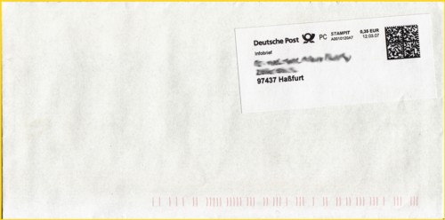 Ein Infobrief Standard bis 20 Gramm mit der seltenen Stampit-Freimachung vom 12.3.2007 - der Matrixcode befindet sich hier nun auf der rechten Seite Ein Infobrief Standard bis 20 Gramm mit der seltenen Stampit-Freimachung vom 12.3.2007 - der Matrixcode befindet sich hier nun auf der rechten Seite