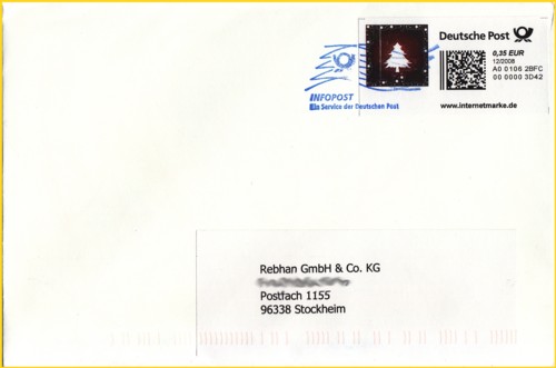 Ein Infobrief mit Internetmarke frankiert aus der Anfangszeit 12/2008, vermutlich auch zu diesem Zeitpunkt gelaufen - da in der Anschrift der Hinweis Infobrief fehlte, wurde der seit kurzer Zeit vorhandene Gummistempel "Frankierwelle - Infopost" (nur diesen gab es am Schalter) zur Kennzeichnung eines Infobriefes genommen und damit irrtümlich die Internetmarke gestempelt. die Kennzeichnungspflicht war richtig, nur hätte der Stempel daneben angebracht werden müssen) Ein Infobrief mit Internetmarke frankiert aus der Anfangszeit 12/2008, vermutlich auch zu diesem Zeitpunkt gelaufen - da in der Anschrift der Hinweis Infobrief fehlte, wurde der seit kurzer Zeit vorhandene Gummistempel "Frankierwelle - Infopost" (nur diesen gab es am Schalter) zur Kennzeichnung eines Infobriefes genommen und damit irrtümlich die Internetmarke gestempelt. die Kennzeichnungspflicht war richtig, nur hätte der Stempel daneben angebracht werden müssen)