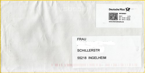 Infobrief mit Internetmarke 2. Gewichtsstufe (Kompaktbrief - gekauft 05/2011) daher schon mit Produktbezeichnung "Infobrief" und vermutlich aus noch im Mai 2011 gelaufen, da hier schon Mindestmengen von 50 Stück gekauft werden mußten und wenige Tage später die MST eingeführt wurde) - seltenere Portostufe Infobrief mit Internetmarke 2. Gewichtsstufe (Kompaktbrief - gekauft 05/2011) daher schon mit Produktbezeichnung "Infobrief" und vermutlich aus noch im Mai 2011 gelaufen, da hier schon Mindestmengen von 50 Stück gekauft werden mußten und wenige Tage später die MST eingeführt wurde) - seltenere Portostufe