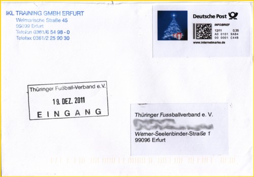 Auch dieser Infobrief mit Internetmarke wurde nach Einführung der MST gekauft (12/2011) - die MST wurde hier über die Liste gebucht, da der Absender eine Firma war, dürfte der Brief nur den reinen Portowert gekostet haben - Im Gegensatz zur vorherigen Abbildung wurde hier nur die Internetmarke mit Motiv gewählt, statt der Variante Absender + Internetmarke + Empfänger alles in einem Auch dieser Infobrief mit Internetmarke wurde nach Einführung der MST gekauft (12/2011) - die MST wurde hier über die Liste gebucht, da der Absender eine Firma war, dürfte der Brief nur den reinen Portowert gekostet haben - Im Gegensatz zur vorherigen Abbildung wurde hier nur die Internetmarke mit Motiv gewählt, statt der Variante Absender + Internetmarke + Empfänger alles in einem