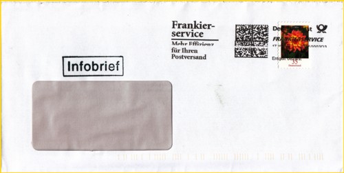Zum Schluß möchte ich hier noch eine Variante des eben schon gezeigten Vorgangs vorstellen, Infobrief mittels Frankierservice vorausentwertet durch die Deutsche Post AG selbst, nur mit einer anderen Stempelmaschine die für den Frankierservice eingesetzt wurde Zum Schluß möchte ich hier noch eine Variante des eben schon gezeigten Vorgangs vorstellen, Infobrief mittels Frankierservice vorausentwertet durch die Deutsche Post AG selbst, nur mit einer anderen Stempelmaschine die für den Frankierservice eingesetzt wurde