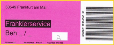 Benutzt wird für die Einlieferung der Infoträger des Frankierservice, obwohl es sich um eine Infobriefeinlieferung handelt, die schon vorausentwertet ist - vorne wird vom Computer die Charge - hier "A" eingedruckt Benutzt wird für die Einlieferung der Infoträger des Frankierservice, obwohl es sich um eine Infobriefeinlieferung handelt, die schon vorausentwertet ist - vorne wird vom Computer die Charge - hier "A" eingedruckt