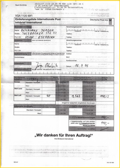 Die dazugehörige Einlieferungsliste aus der eindeutig hervorgeht, daß es sich um eine portogerechte Einzelfrankatur handelt - die Rechnung stimmt bezüglich des Gesamtgewichtes, da bei der Erfassung aber mit dem abgerundeten Einzelgewicht gerechnet wird entsteht eine minimale Rundungsdifferenz die hier 0,8 Pfennig je Sendung beträgt - daher die Rückerstattung von 40 Pfennig Die dazugehörige Einlieferungsliste aus der eindeutig hervorgeht, daß es sich um eine portogerechte Einzelfrankatur handelt - die Rechnung stimmt bezüglich des Gesamtgewichtes, da bei der Erfassung aber mit dem abgerundeten Einzelgewicht gerechnet wird entsteht eine minimale Rundungsdifferenz die hier 0,8 Pfennig je Sendung beträgt - daher die Rückerstattung von 40 Pfennig