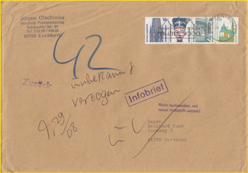 Hier ein zweites Beispiel für einen nicht zustellbaren Infobrief, der aufgrund der Vorausverfügung retour ging und mit 42 Pfennig Nachentgelt belegt wurde Hier ein zweites Beispiel für einen nicht zustellbaren Infobrief, der aufgrund der Vorausverfügung retour ging und mit 42 Pfennig Nachentgelt belegt wurde