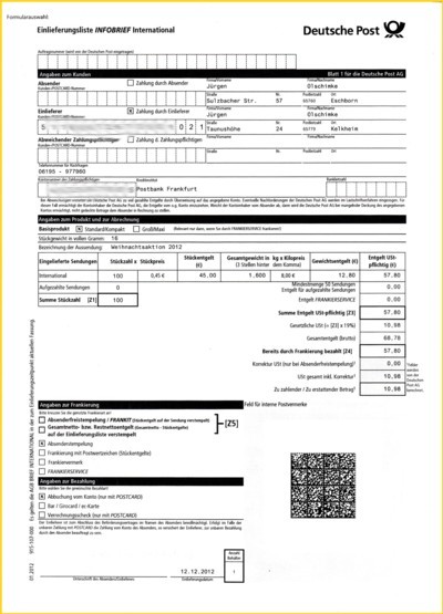 Die dazu gehörige Einlieferungsliste kann man als PDF-Datei herunterladen und online am Rechner ausfüllen und ausdrucken - sie besteht aus 2 Seiten, wobei die erste Seite einen aufgrund der eingegenen Daten generierten Matrixcode enthält Die dazu gehörige Einlieferungsliste kann man als PDF-Datei herunterladen und online am Rechner ausfüllen und ausdrucken - sie besteht aus 2 Seiten, wobei die erste Seite einen aufgrund der eingegenen Daten generierten Matrixcode enthält